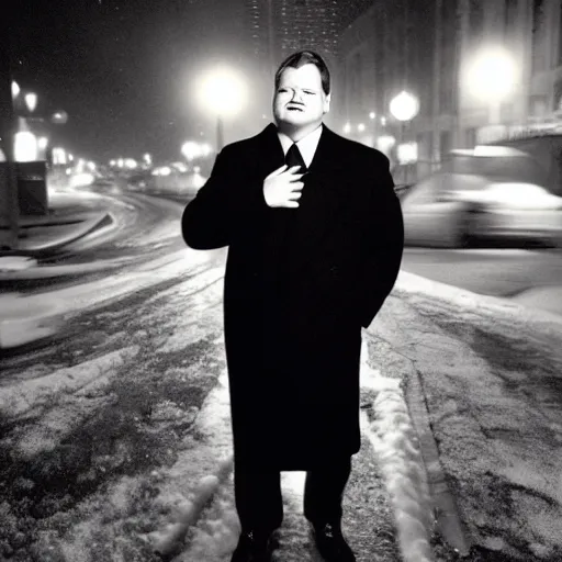 Prompt: 1 9 9 8 andy richter wearing a black wool coat and necktie standing on the streets of chicago at night in winter, dynamic lighting, holiday season.