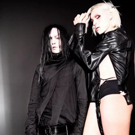 Image similar to a man and a woman performing darkwave music, clothes by rick owens, faces covered, short blond hair, high resolution fashion photography