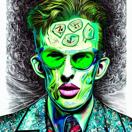 Prompt: an extremely psychedelic portrait of mgk as the riddler, surreal, lsd, face, detailed, intricate, elegant, lithe, highly detailed, digital oth, sharp focus, illustration,