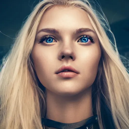 Prompt: wide shot of a beautiful blond girl with human face and cyborg body, cute - fine - face, pretty face, realistic shaded perfect face, fine details, 8 k, shallow depth of field, moody lighting, cinematic lighting,