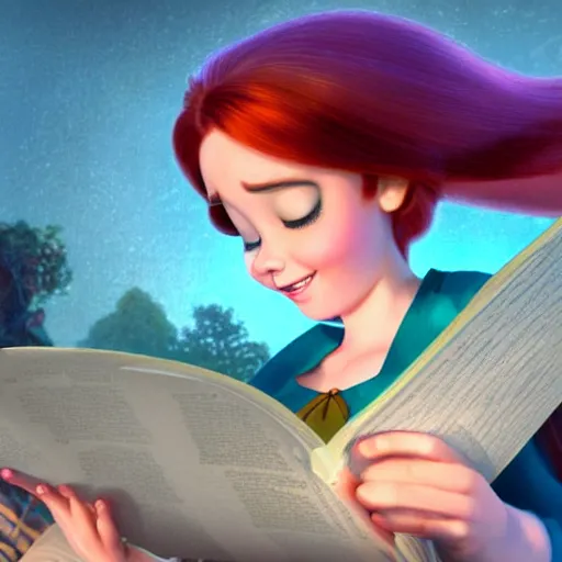 Image similar to young woman with red hair reading a book in a still from disney's tangled. beautiful animation character art, high quality, detailed face