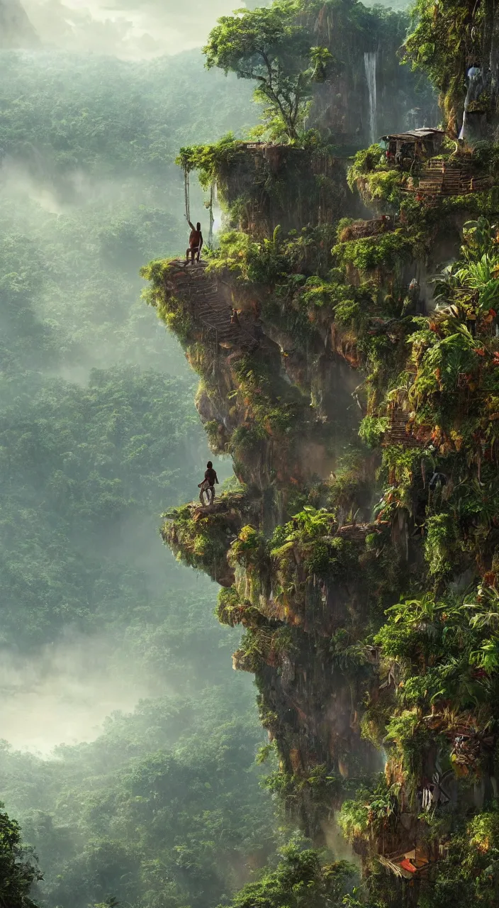 Prompt: a lone indigenous man overlooking a ledge towards the jungle below in dense amazon | highly detailed | very intricate | cinematic lighting | by asher brown durand and eddie mendoza | featured on artstation