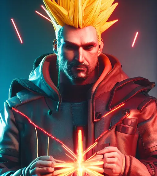 Image similar to cyberpunk 2 0 7 7, charismatic rugged male battle goku - mage portrait, clothed in hooded, metal - plated battle armor atmospheric lighting painted intricate volumetric lighting, beautiful, sharp focus, ultra detailed by leesha hannigan, ross tran, thierry doizon, kai carpenter, ignacio fernandez rios