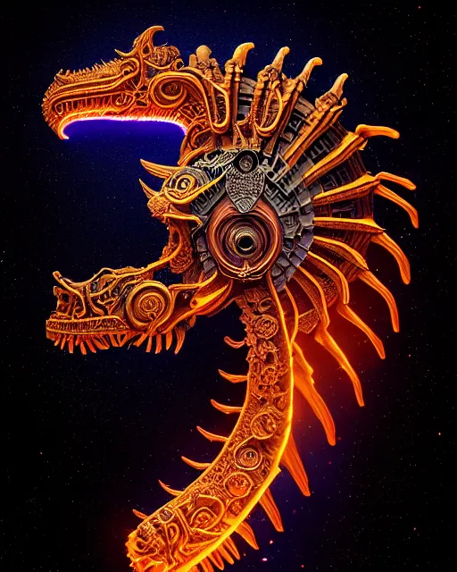 Image similar to 3 d ornate carved dark cosmic horse with profile portrait, sigma 5 0 0 mm f / 5. beautiful intricate highly detailed quetzalcoatl skull. bioluminescent, plasma, lava, ice, water, wind, creature, thunderstorm! artwork by tooth wu and wlop and beeple and greg rutkowski, 8 k trending on artstation