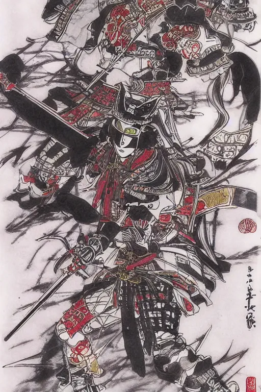 Image similar to elegant illustration of samurai warfare by Yoshitaka Amano