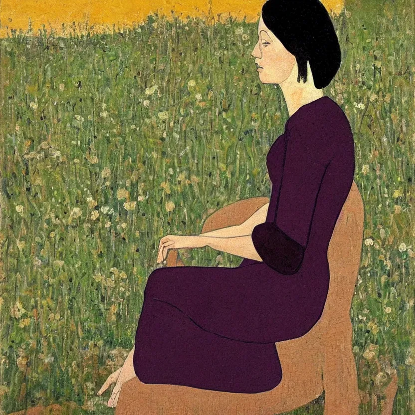 Image similar to a painted portrait of a women outdoors paused in thought, art by felice casorati, aesthetically pleasing and harmonious natural colors, rule of thirds, expressionism