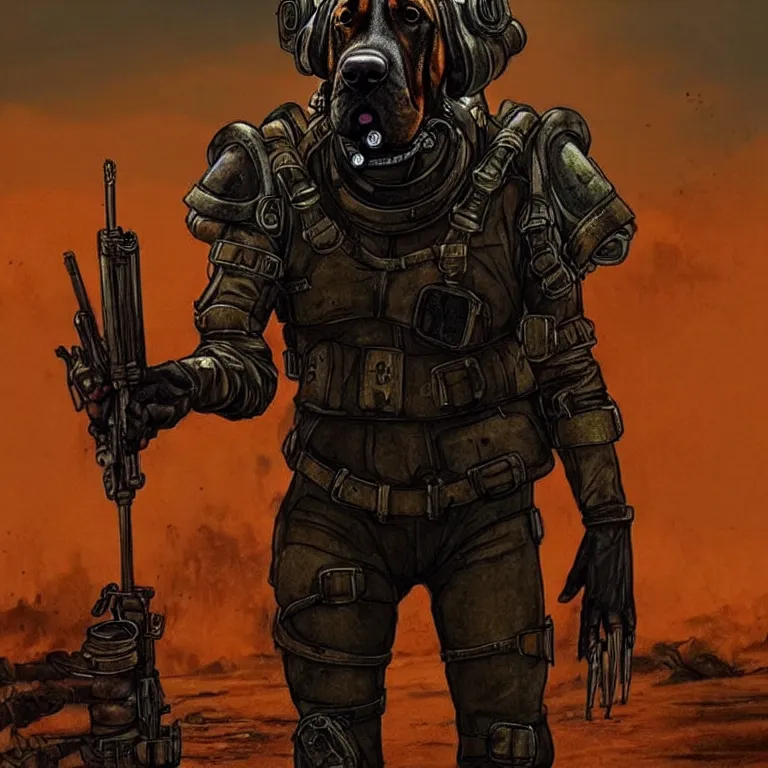 Image similar to a good ol'bloodhound pup fursona ( from the furry fandom ), heavily armed and armored facing down armageddon in a dark and gritty version from the makers of mad max : fury road. witness me.