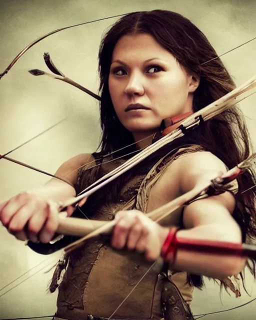 Prompt: photo of world, women with a bow and arrow, female archer, warrior, realistic face