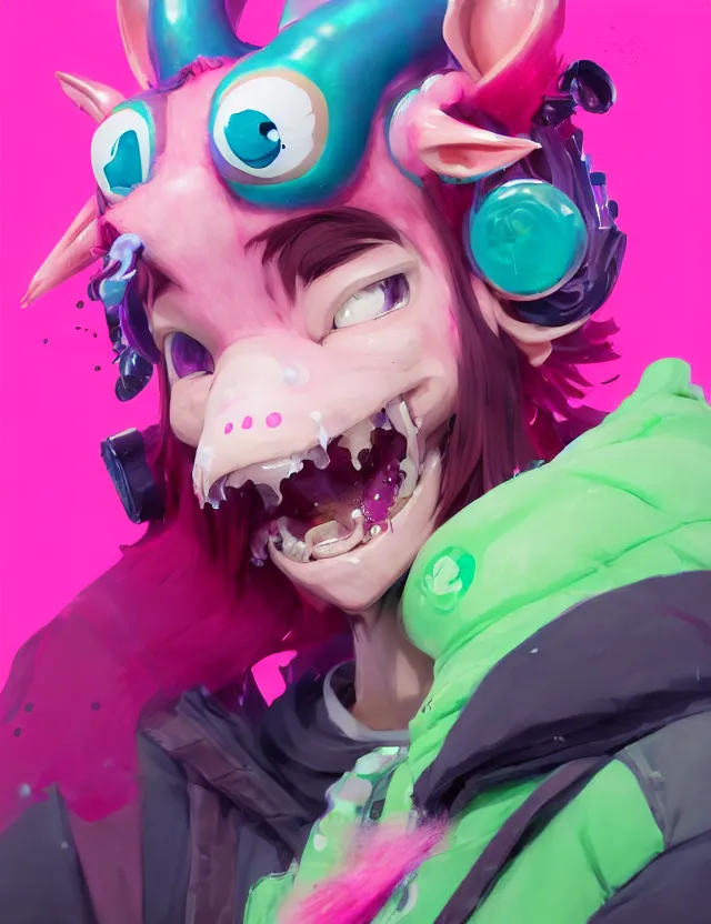 Prompt: a beautiful headshot portrait of a cute splatoon anime male with pink hair and pink wolf ears green eyes piercings wearing a hoodie. character design by cory loftis, fenghua zhong, ryohei hase, ismail inceoglu and ruan jia. artstation, volumetric light, detailed, photorealistic, fantasy, rendered in octane