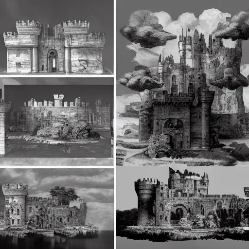 Prompt: A beautiful collage of a castle in the clouds. taupe, high-key lighting by Giovanni Battista Piranesi, by Stuart Immonen unnerving