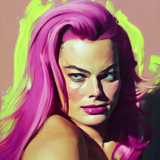 Prompt: greg manchess portrait of margot robbie as very happy thick muscular female bodybuilder zarya from overwatch with pink hair in disco elysium, fantasy, medium shot, asymmetrical, profile picture, organic painting, matte painting, bold shapes, hard edges, street art, trending on artstation, by huang guangjian and gil elvgren and sachin teng