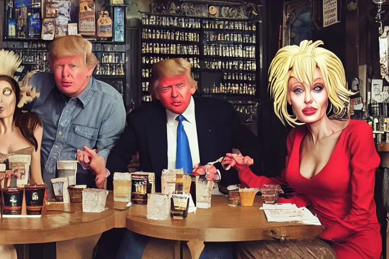 Image similar to Angelina Jolie, boris johnson, The Alien from the movie 'Alien', dolly parton, donald trump are best friends, drinking shots of tequila and snorting cocaine, central perk coffee shop, still photo, hyperrealistic, 35mm, 8k, by weta digital
