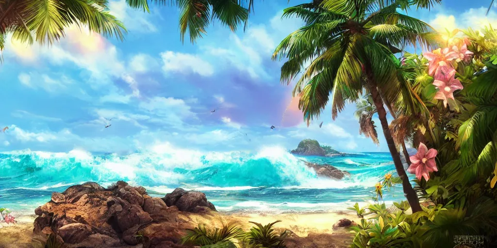 Prompt: the most beautiful tropical island, big waves, seashore, flowers, palmtrees, animals, bokeh, godrays, highly detailed, lowbrow, cinematic, artstation