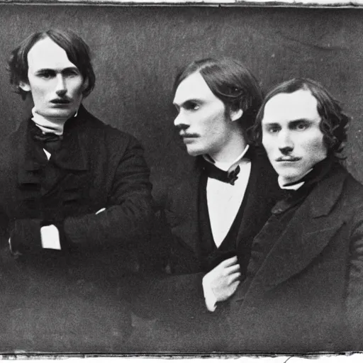 Image similar to rare early victorian photograph of cillian murphy, tom hardy, tom hiddleston, very grainy, blurry, 1 8 4 0 s, 1 8 5 0 s, realistic face