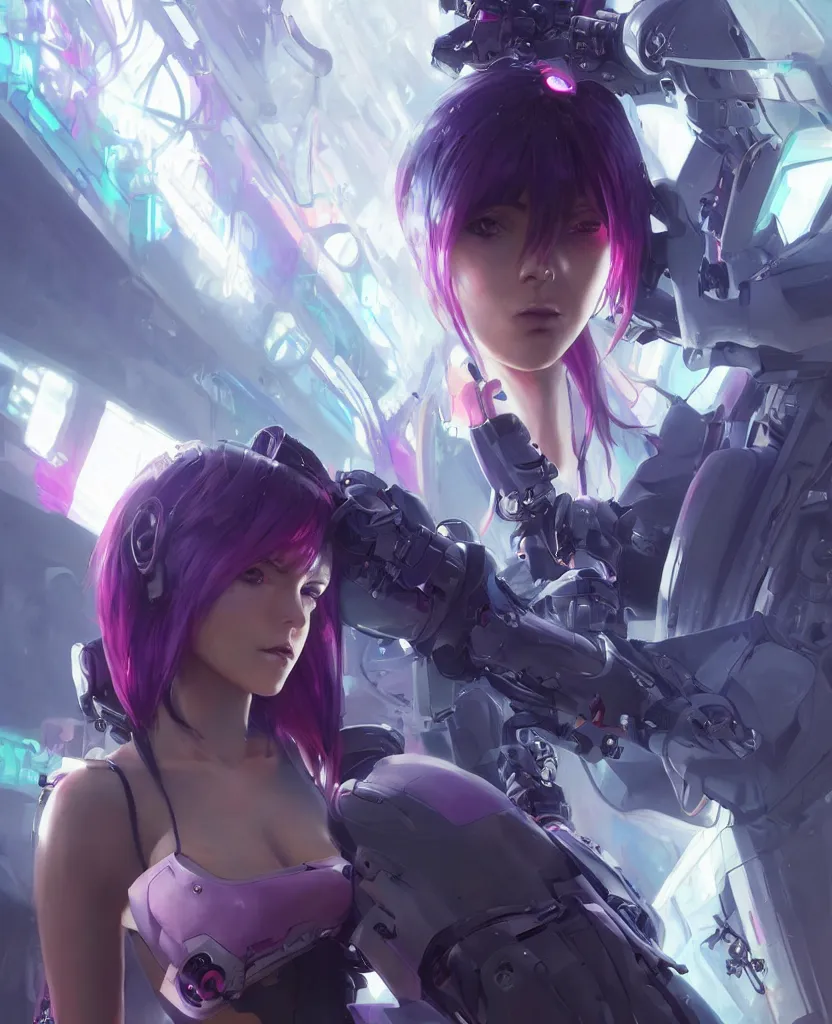 Prompt: A beautiful painting of a cyberpunk anime girl with purple hair and an a huge robot arm sensual stare, Trending on artstation. augmentations and cybernetic enhancements neon circuits, greg rutkowski , hyperrealist, cinema4D, 8k highly detailed ❤️‍🔥 🔥 💀 🤖 🚀