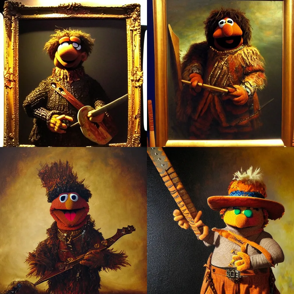 Prompt: subject: muppet barbarian , style: very detailed heavy textured rembrandt oil painting with dramatic light , very sharp detail