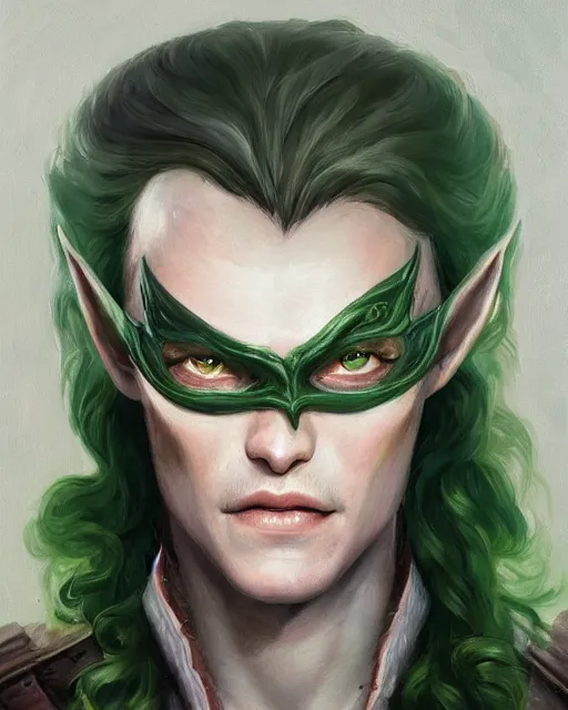 Prompt: a detailed matte oil on canvas head on symmetrical portrait of a handsome elven man grinning, with long red hair, green eyes, and an eye patch, art by charlie bowater and lise deharme wlop, trending on artstationhd, dungeons and dragons art critical role