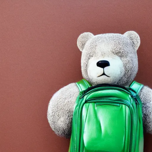 Image similar to big realistic bear standing on two legs, wearing big green bag backpack at his back, photo realistic, high detail, smooth