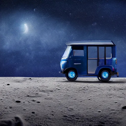 Prompt: a dark blue tuk tuk traveling on the surface of the moon, moon craters, night sky, milky way, hard lighting, matte painting, concept art, 4k