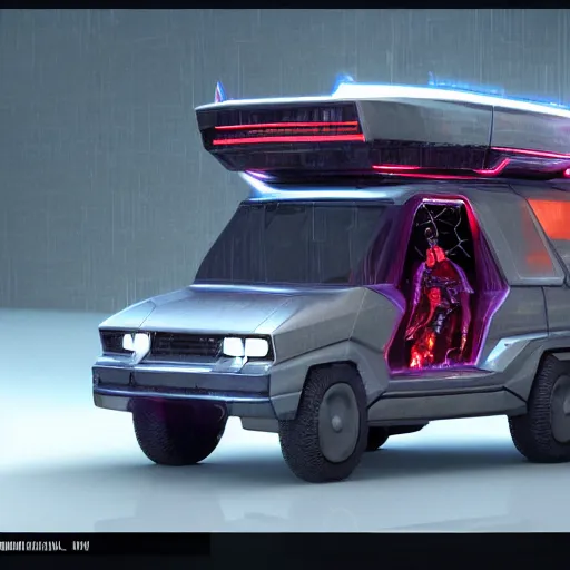 Image similar to cyberpunk alien concept of the a - team van, futuristic look, highly detailed body, very powerful, photorealistic camera shot, crisp quality and light reflections, unreal engine 5 quality render