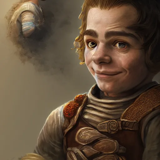 Image similar to realistic portrait of a halfling male, happy, bard, short hair, lute, intricate details, cinematic, photo, fantasy, medieval, trending on artstation, in the style of wizards of the coast