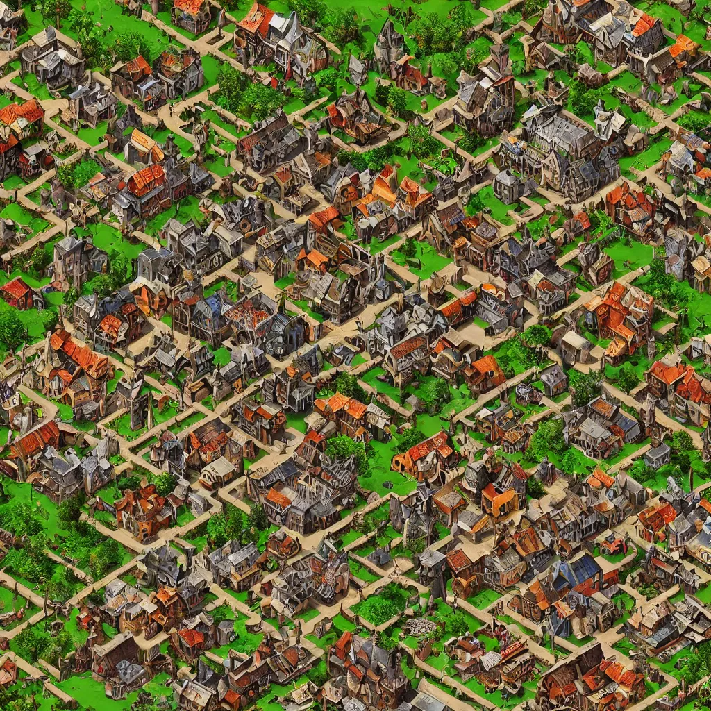 Prompt: Isometric 3D game of medieval village, highly detailed, digital art, 4K