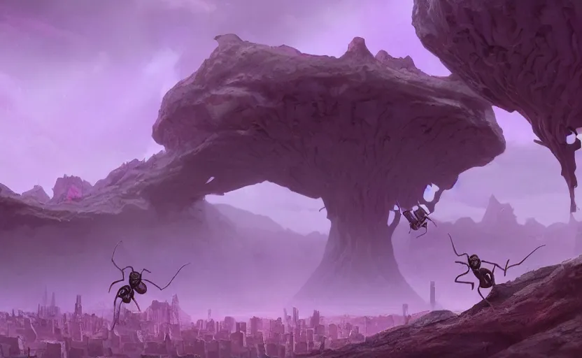 Image similar to matte painting of ant aliens, trending in artstation, purple color lighting