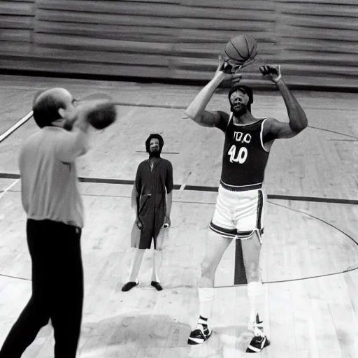 Image similar to 7 0 s television image of an nba basketball board cast, depicting charles manson shooting free throws, by errol morris