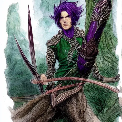 Image similar to male wood elf, pointy ears, long purple hair, holding a longbow, green leaf cloak, leather armor, metal gauntlets, green eyes. in the style of alan lee and john howe. fantasy. detailed.