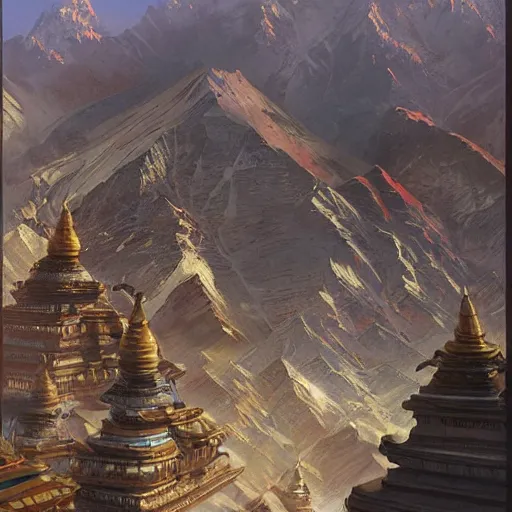 Prompt: ultra wide painting of nepal in year 2 0 7 7, science fiction, ultra realistic, concept art, intricate details, highly detailed, photorealistic, octane render, 8 k, unreal engine. art by artgerm and greg rutkowski and alphonse mucha