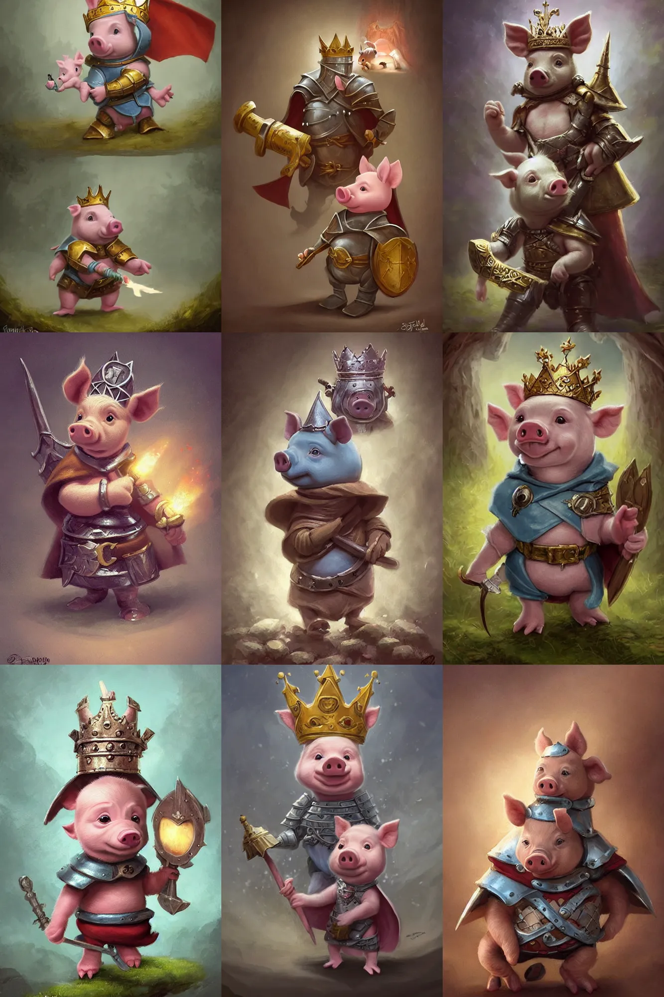 Prompt: cute little anthropomorphic piglet knight wearing a cape and a crown, tiny, small, miniature pig, baby animal, short, pale blue armor, cute and adorable, pretty, beautiful, DnD character art portrait, matte fantasy painting, DeviantArt Artstation, by Jason Felix by Steve Argyle by Tyler Jacobson by Peter Mohrbacher, cinematic lighting