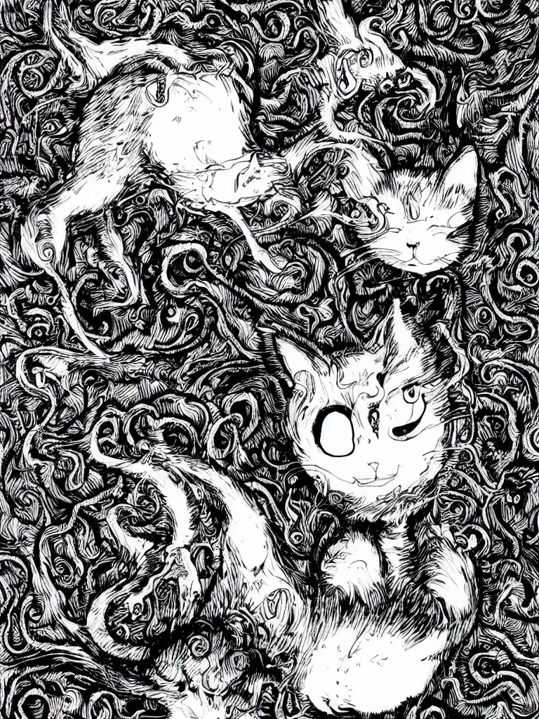 Image similar to black and white illustration creative design junji ito body horror cat