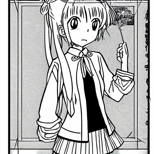 Image similar to a beautiful school girl, Hayao Miyazaki manga style, black and white manga comic, Naoko Takeuchi manga style, shoujo manga