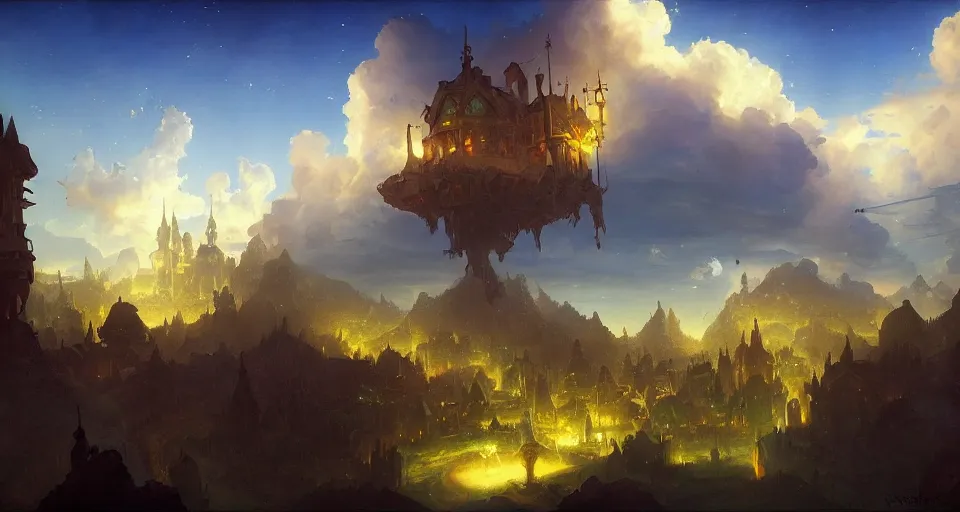 Image similar to landscape an fantasy town in the sky and an sky - ship flying towards it, andreas rocha