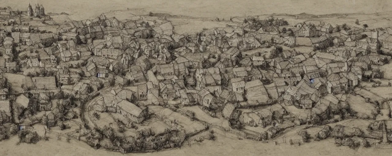 Prompt: medieval village with five houses and a lot of farms, detailed sketch by John Howe and Alan Lee-H 768