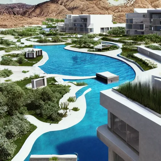 Image similar to architectural rendering of habitat 6 7 in the desert, biophilia mood, pool, garden, highly detailed, cinematic,