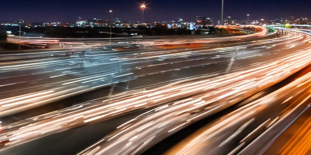 Prompt: high speed car chase on the highway at night with bright city in background, medium format color photography, 8 k resolution, hyperrealistic, photorealistic, high definition, highly detailed, tehnicolor, arricam studio 3 5 mm film camera, award - winning photography, masterpiece