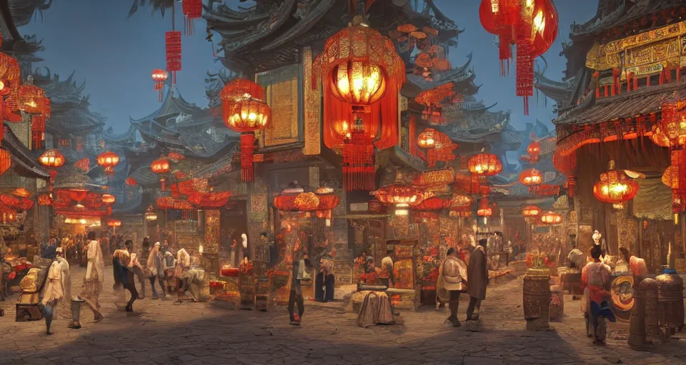 Prompt: an opulent chinese style game scene cg design, ancient lively bazaar street ， full of details, matte painting, concept art, smooth ， trending on cgsociety and blender ， unreal engine ， 8 khdr ， light effect ， rtx on ， - h 6 4 0