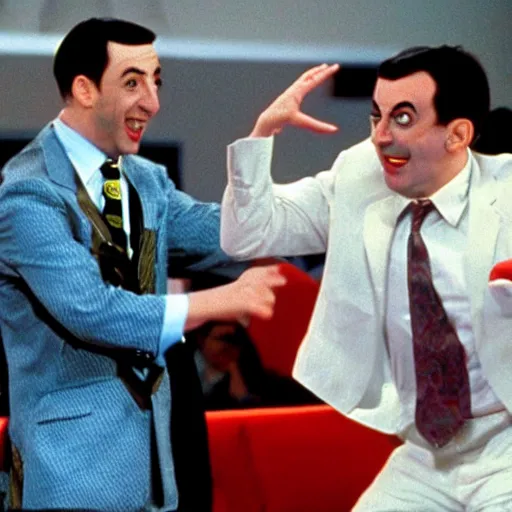 Image similar to Pee Wee Herman fights Mr Bean in WWE, 1990