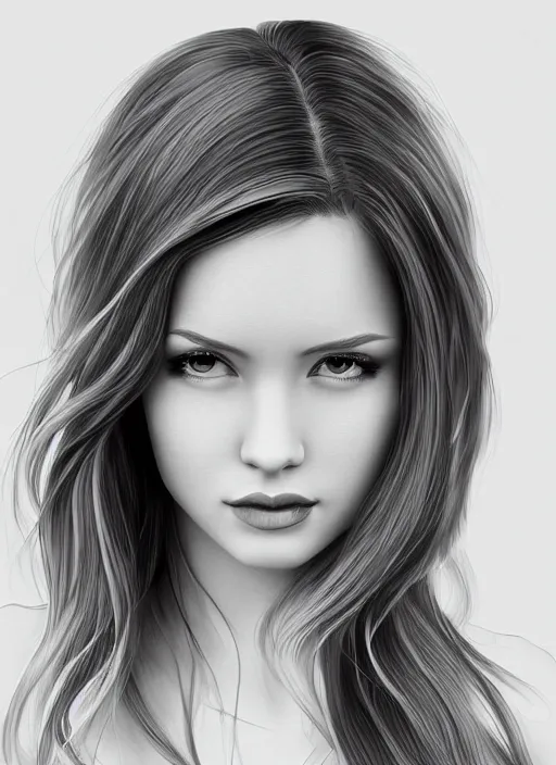 Image similar to full body portrait of a beautiful young woman in black and white, photorealistic, hair down to waist, sharp focus, in the style of Kevin Kostic, Stephen Lau and artgerm, hyper sharp focus, 8k highly detailed