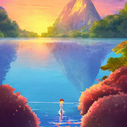 Image similar to a beautiful lake, fantasy art, 2 d, sunshine, warm colors, relaxing, calm, cozy, peaceful, by studio ghibli