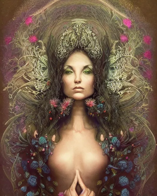 Image similar to centered beautiful detailed front view portrait of a woman with ornate growing around, ornamentation, flowers, elegant, beautifully soft lit, full frame, by wayne barlowe, peter mohrbacher, kelly mckernan,