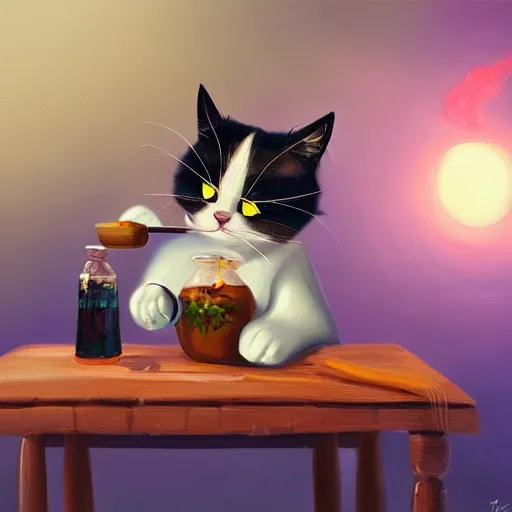 Image similar to a painting of cute cat brewing a magic potion at the table, hyper realistic, very detailed, trending on artstation