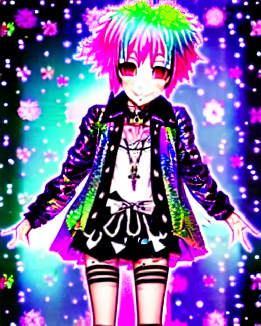 Prompt: a hologram of decora styled yotsuba koiwai wearing a gothic spiked jacket, holography, irridescent, baroque visual kei decora art