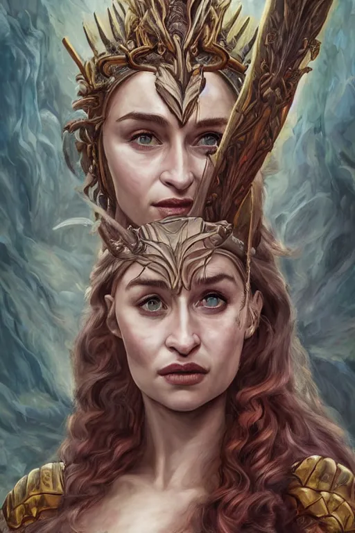 Prompt: A fantasy comic book style portrait painting of, hybrid, Emilia Clarke, Sophie Turner, as an Atlantean, Reptilian Warrior, Mystical Valkyrie, Armor, Sword, Archer Bow, Spear, Sheild, François Boucher, Oil Painting, unreal 5, DAZ, hyperrealistic, octane render, Regal, Refined, Detailed Digital Art, RPG portrait, Michael Cheval, William-Adolphe Bouguereau, Walt Disney (1937), Steampunk, dynamic lighting, Highly Detailed, Cinematic Lighting, Unreal Engine, 8k, HD