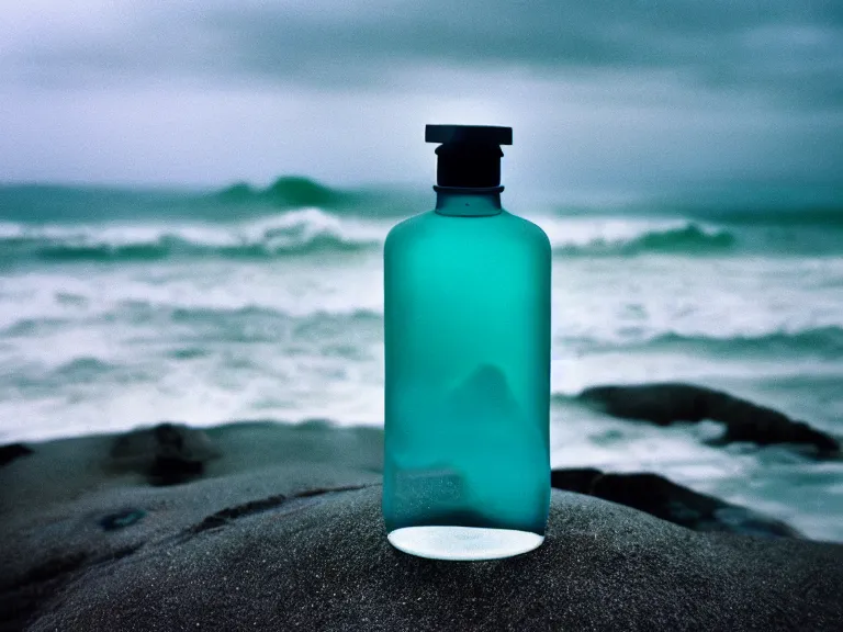 Image similar to cinestill 5 0 d photography of perfume emerging from seafoam bottle 3 / 4 style of nicholas fols, 2 0 0 mm, mute dramatic colours, soft blur outdoor stormy sea background, volumetric lighting, hyperdetailed, hyperrealistic