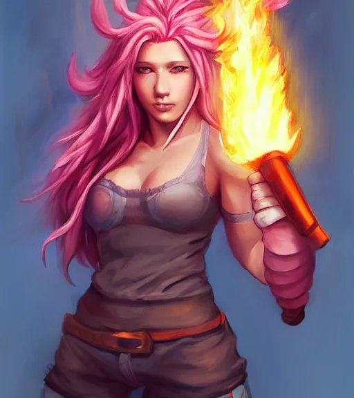 Prompt: portrait of'tomba!'with pink hair, holding a hammer of fire by ross tran, artgerm and wlop