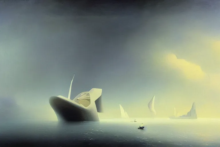 Image similar to minimalist futuristic zaha hadid spaceship painting by ivan aivazovsky