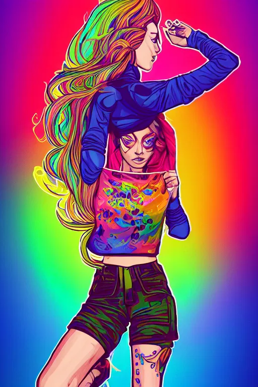 Image similar to a award winning half body portrait of a beautiful woman with stunning eyes in a printed croptop and cargo pants with rainbow colored ombre hairstyle head in motion and hair flying by josan gonzales, outrun, vaporware, shaded flat illustration, digital art, trending on artstation, highly detailed, fine detail, intricate