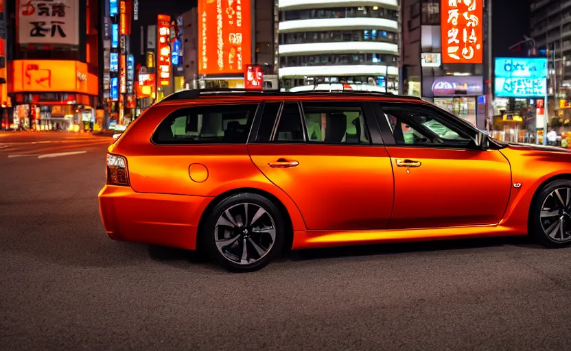 Image similar to wideshot of a Nissan Skyline station wagon in a metallic orange color, in tokyo at night, highly detailed, 4k photo, shot with sony alpha